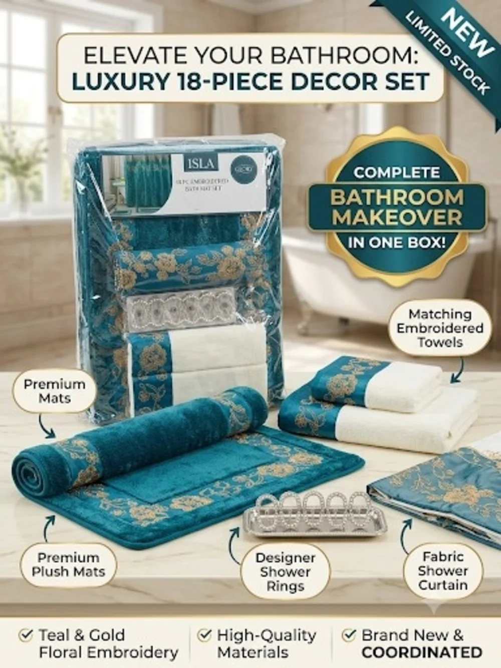 Teal & Gold 18-Piece Luxury Bathroom Set